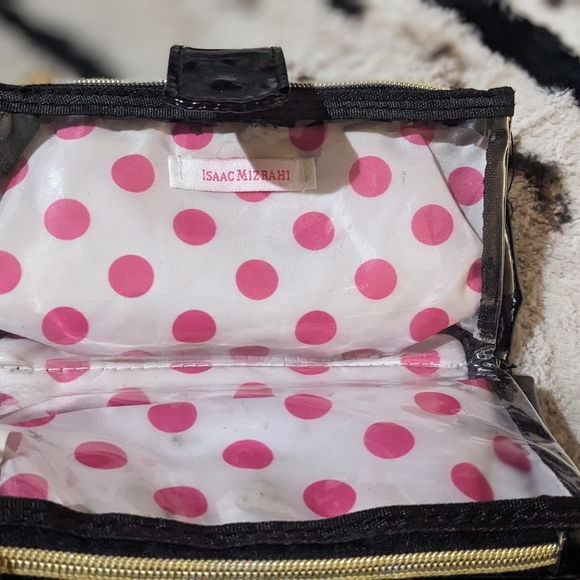 🌸🩷💋Isaac Mizrahi Black Patent Leather Cosmetic Bag Clutch with Gold Hardware - Picture 1 of 11